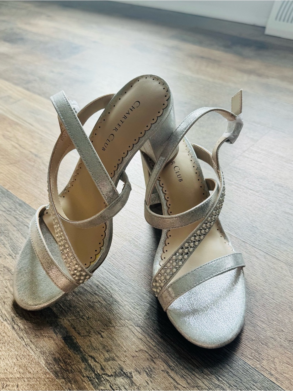 Charter Club Silver Rhinestone Low Block Heel Sandals Size 5.5 NWOB